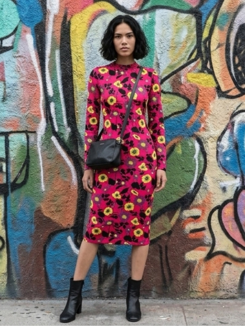 Zara M Pink Floral Long Sleeve fitting Midi Dress